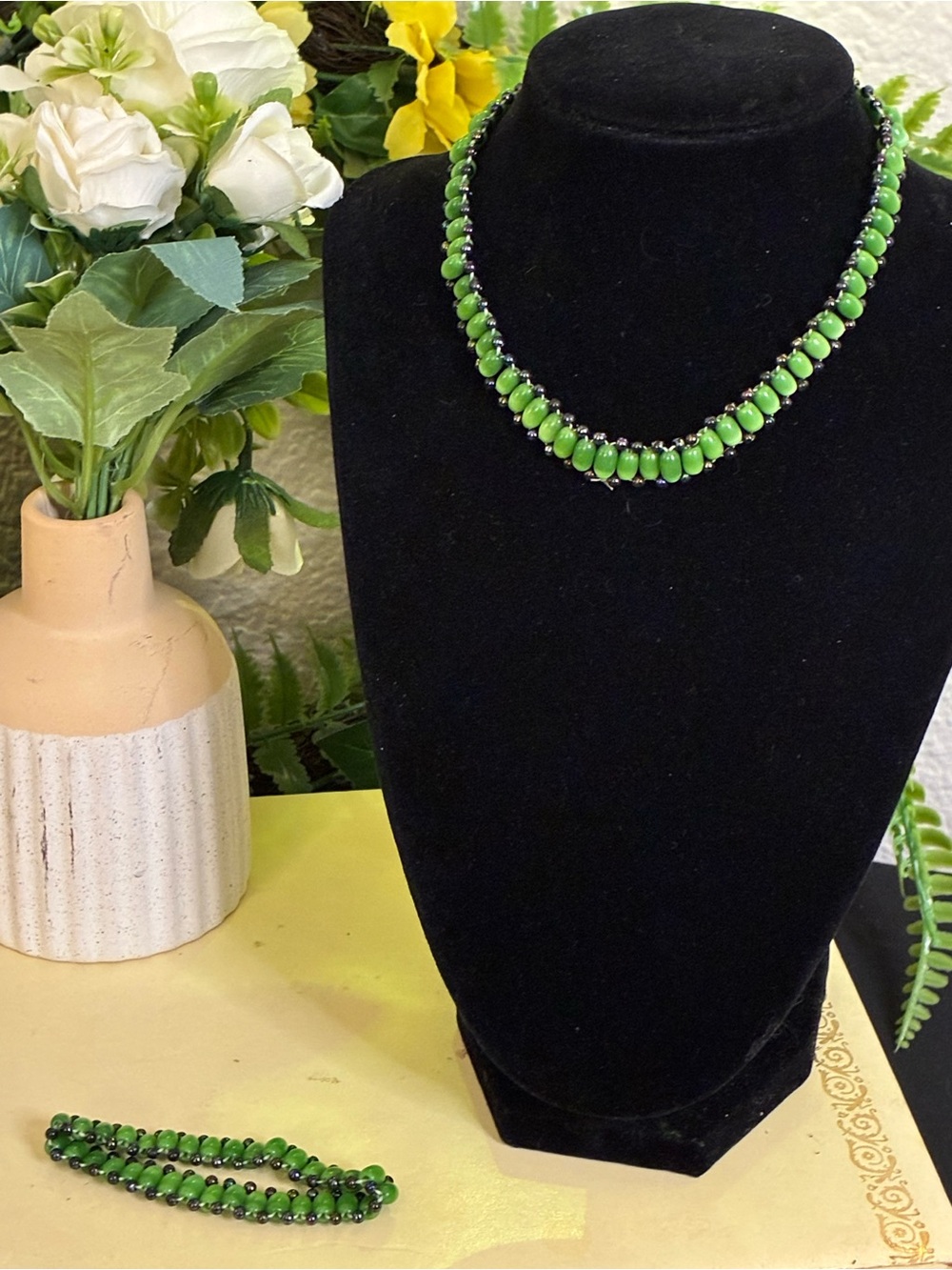 Handcrafted Green Beaded Necklace and Bracelet Set